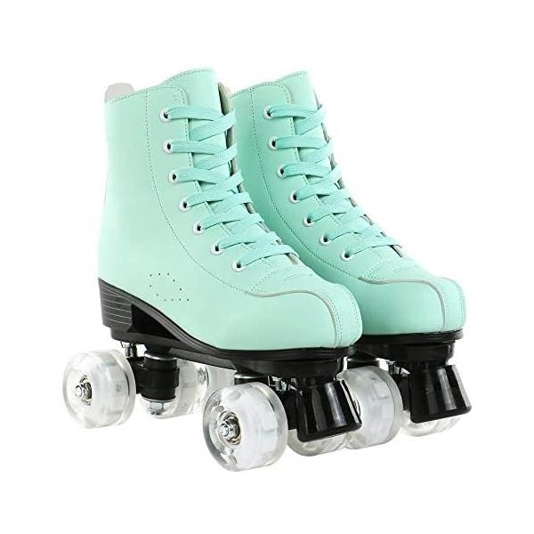 XUDREZ 여성용 롤러 스케이트 초보자를 위한 아늑한 녹색 PU 가죽 하이탑 롤러 스케이트, 신발 가방이 있는 실내 실외 복열 롤러 스케이트