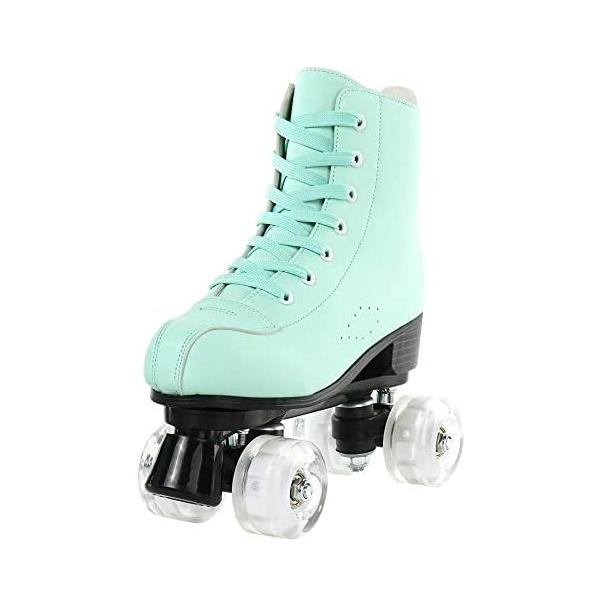 XUDREZ 여성용 롤러 스케이트 초보자를 위한 아늑한 녹색 PU 가죽 하이탑 롤러 스케이트, 신발 가방이 있는 실내 실외 복열 롤러 스케이트