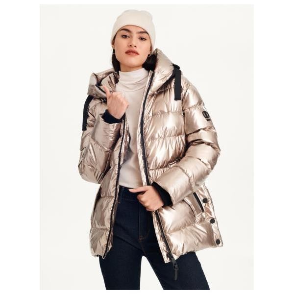 DKNY GLOSSY MID LENGTH PUFFER WITH ENVELOPE POCKETS