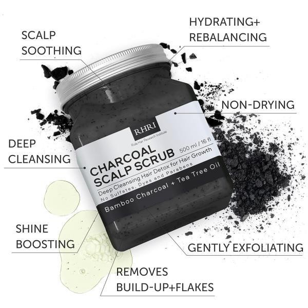 Rida Hair Research Institute Sulfate-Free Charcoal Scalp Scrub 스크럽 16 fl oz with Bamboo & Tea Tree Oil Exfoliating TREAT남성T 트리트먼트 for Detox Dandruff Build-Up Exfoliator Natural