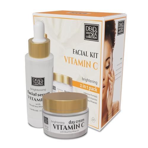 Dead Sea Collection Facial Brightening Kit - Day Cream (1.69fl.oz/50ml jar) & Serum bottle) Skin Care with Pure MIN에라LS and Vitamin C Anti Aging